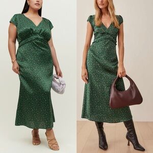 Reformation Kaye Silk Dress Coriander Green Floral Midi V-Neck Size 12 NWT